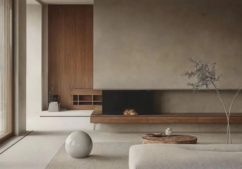 Phối cảnh Wabi-Sabi tông đất với bề mặt mộc và ánh sáng dịu
