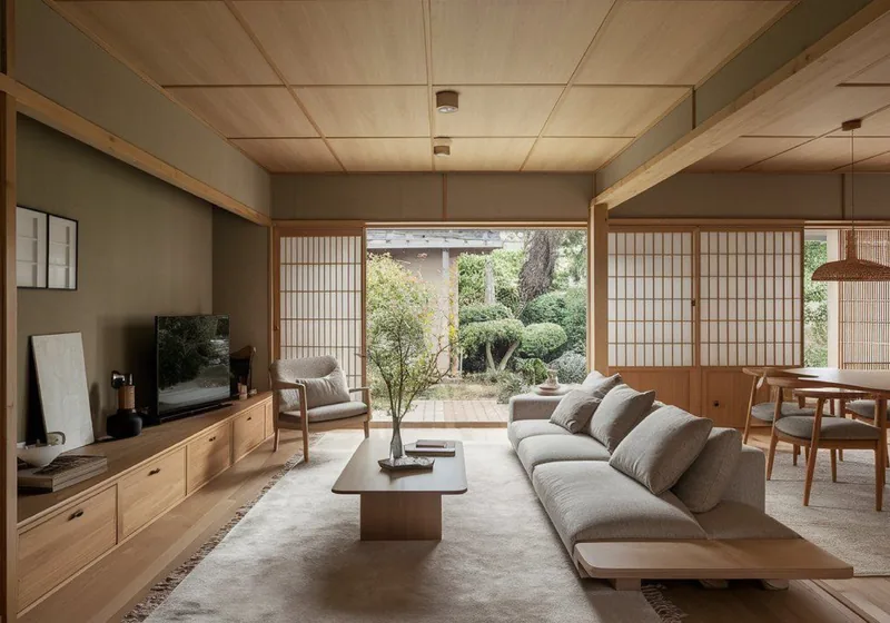 Phối cảnh Japanese Traditional với gỗ, hệ cửa shoji và khoảng đệm